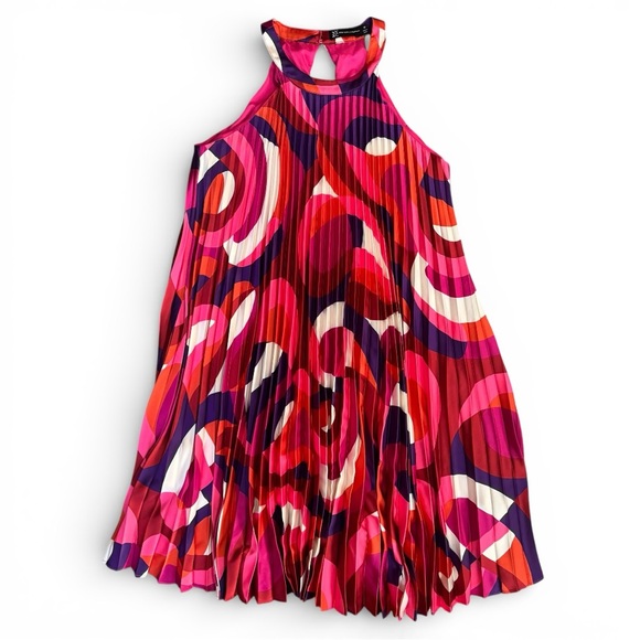 NY & Co Halter Neck Pleated Flowy Dress Knee High Length Pink Red Purple M - Picture 2 of 9